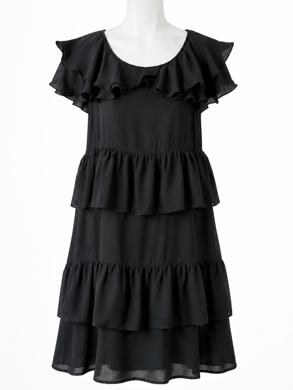 Manoush Robe Courte Jabot 100% Silk Black Ruffle Tiered Dress US 6 FR 38